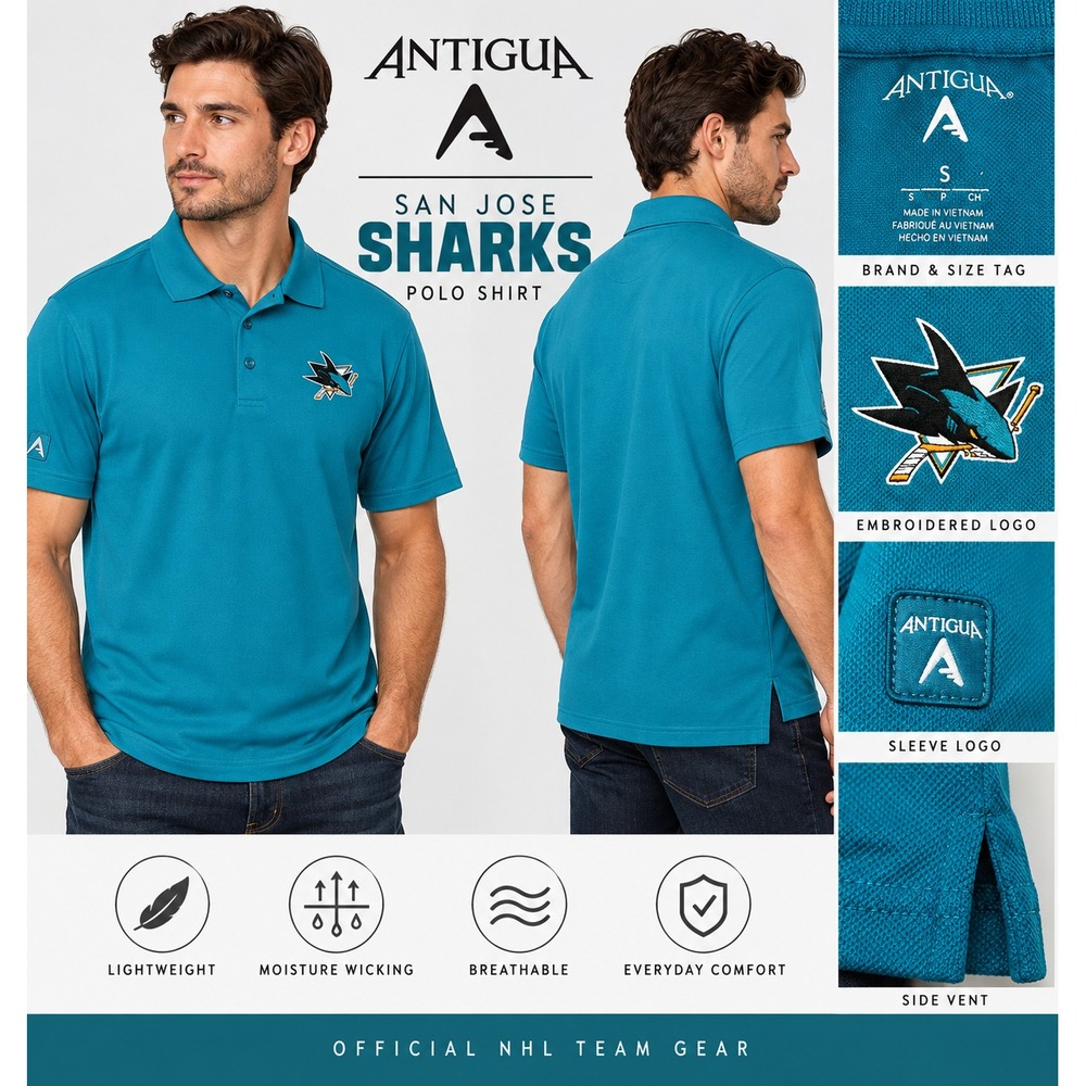 Antigua San Jose Sharks NHL Men's Small Teal Blue Embroidered Logo Polo Shirt
